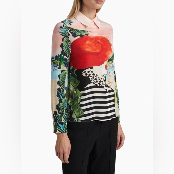 NWT Alice + Olivia Willa 100% Silk Graphic Shirt Size Medium Palm Beach Print - Picture 3 of 16